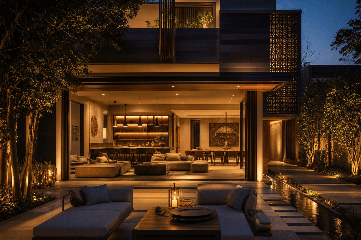 An Onwords Living Home running as one connected system at dusk