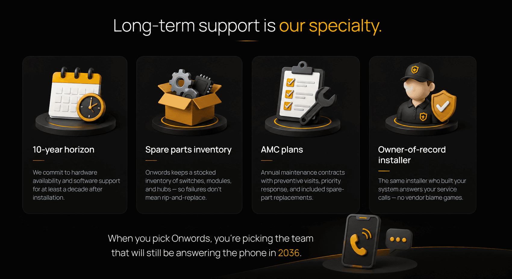 Long-term support is our specialty. Four guarantees: 10-year horizon, spare parts inventory, AMC plans, and owner-of-record installer. When you pick Onwords, you're picking the team that will still be answering the phone in 2036.